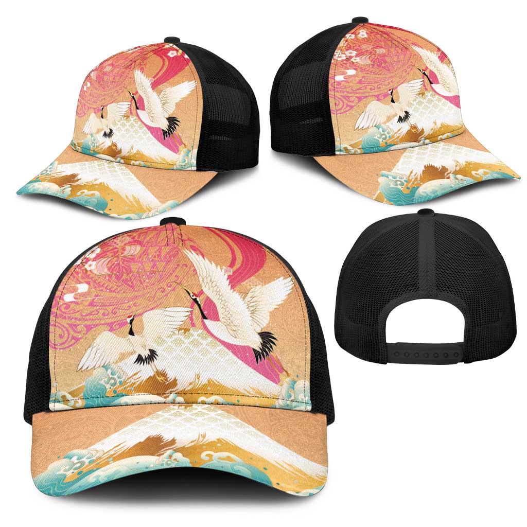 Hawaiian and Japanese Culture Together Mesh Trucker Cap Kakau Art Tattoo with Cranes and Sakura Spring Vibe - Polynesian Pride