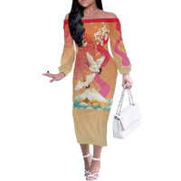 Hawaiian and Japanese Culture Together Off The Shoulder Long Sleeve Dress Kakau Art Tattoo with Cranes and Sakura Spring Vibe - Polynesian Pride