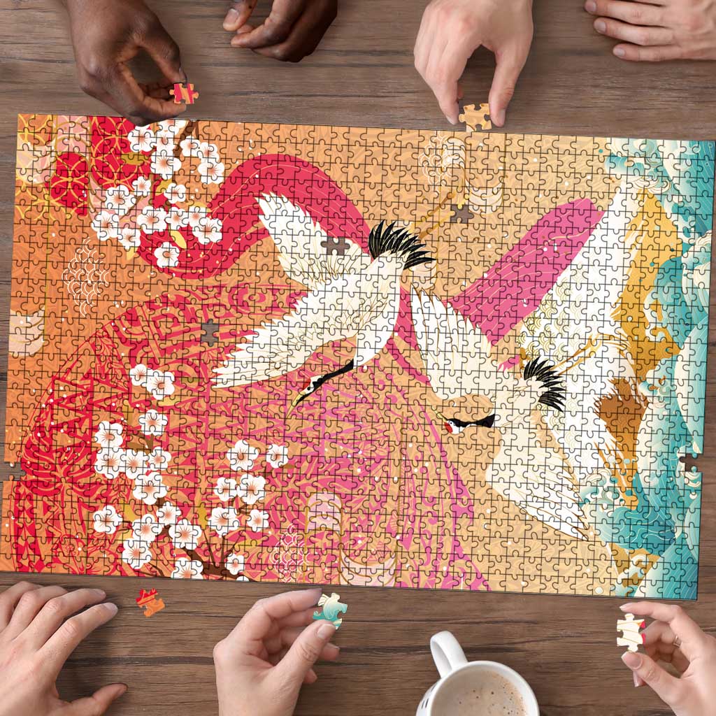 Hawaiian and Japanese Culture Together Puzzle Kakau Art Tattoo with Cranes and Sakura Spring Vibe LT03 - Polynesian Pride