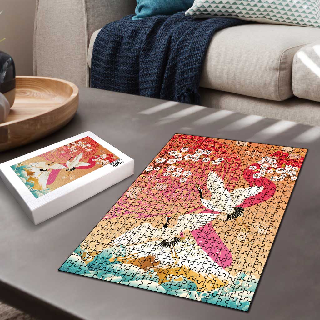 Hawaiian and Japanese Culture Together Puzzle Kakau Art Tattoo with Cranes and Sakura Spring Vibe LT03 - Polynesian Pride