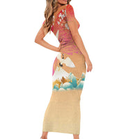 Hawaiian and Japanese Culture Together Short Sleeve Bodycon Dress Kakau Art Tattoo with Cranes and Sakura Spring Vibe - Polynesian Pride