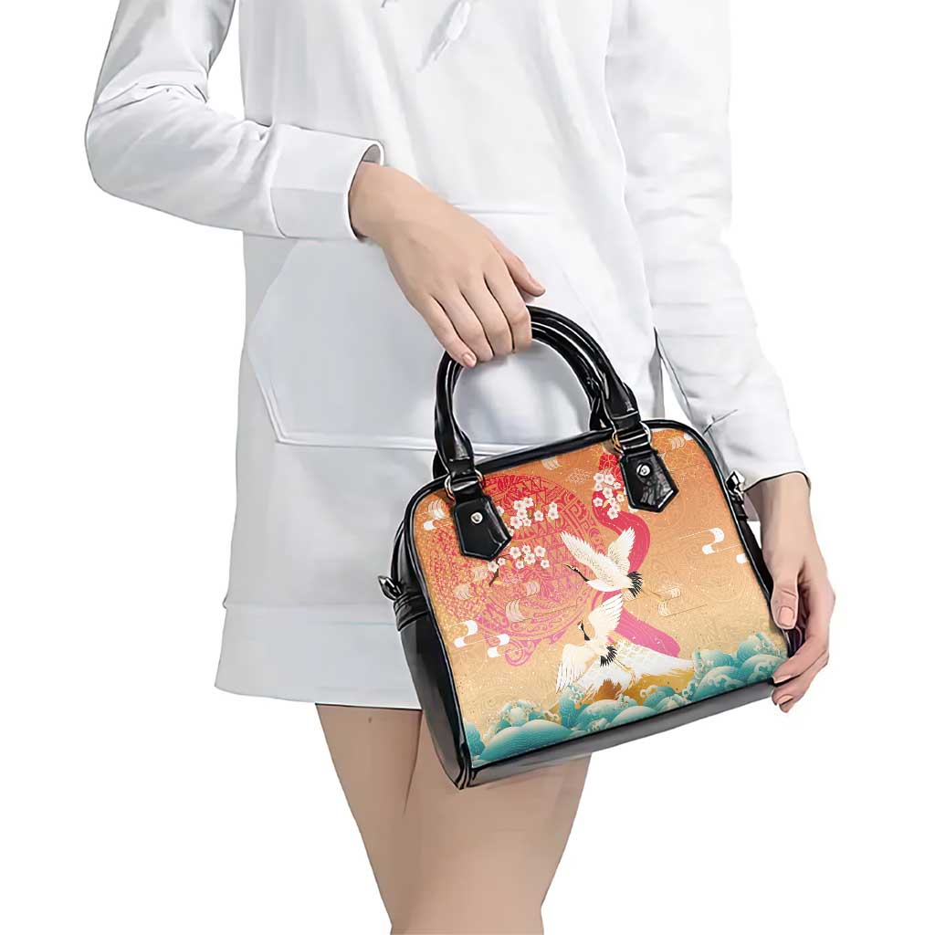 Hawaiian and Japanese Culture Together Shoulder Handbag Kakau Art Tattoo with Cranes and Sakura Spring Vibe - Polynesian Pride
