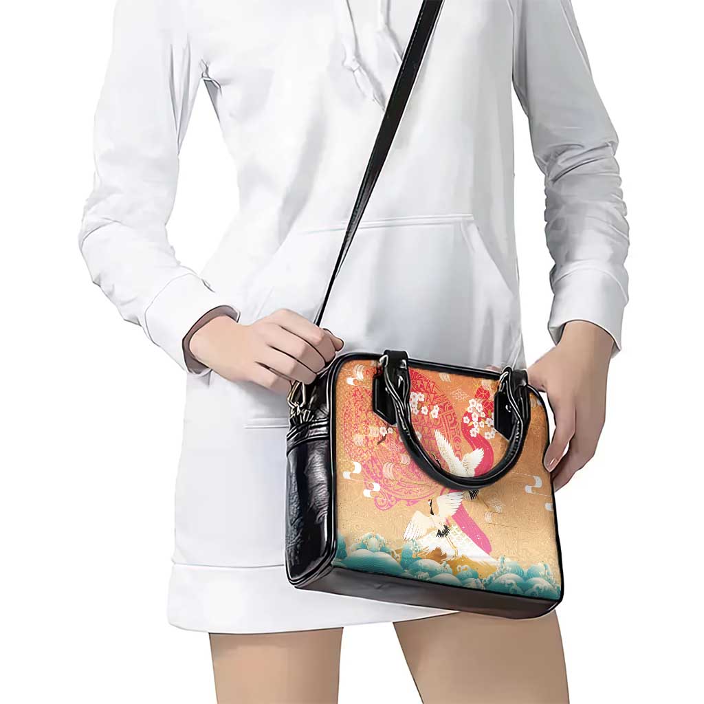 Hawaiian and Japanese Culture Together Shoulder Handbag Kakau Art Tattoo with Cranes and Sakura Spring Vibe - Polynesian Pride