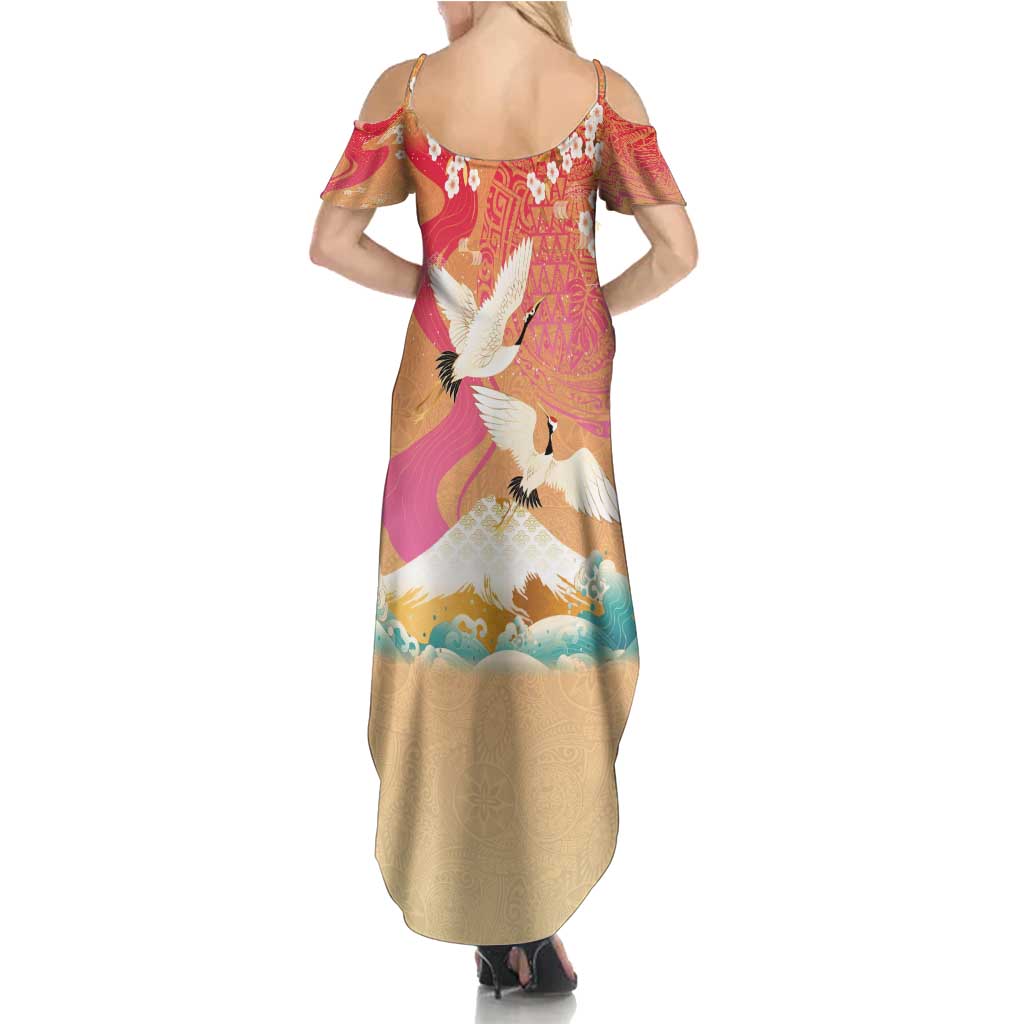 Hawaiian and Japanese Culture Together Summer Maxi Dress Kakau Art Tattoo with Cranes and Sakura Spring Vibe - Polynesian Pride