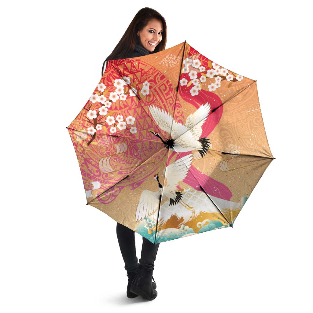 Hawaiian and Japanese Culture Together Umbrella Kakau Art Tattoo with Cranes and Sakura Spring Vibe LT03 - Polynesian Pride