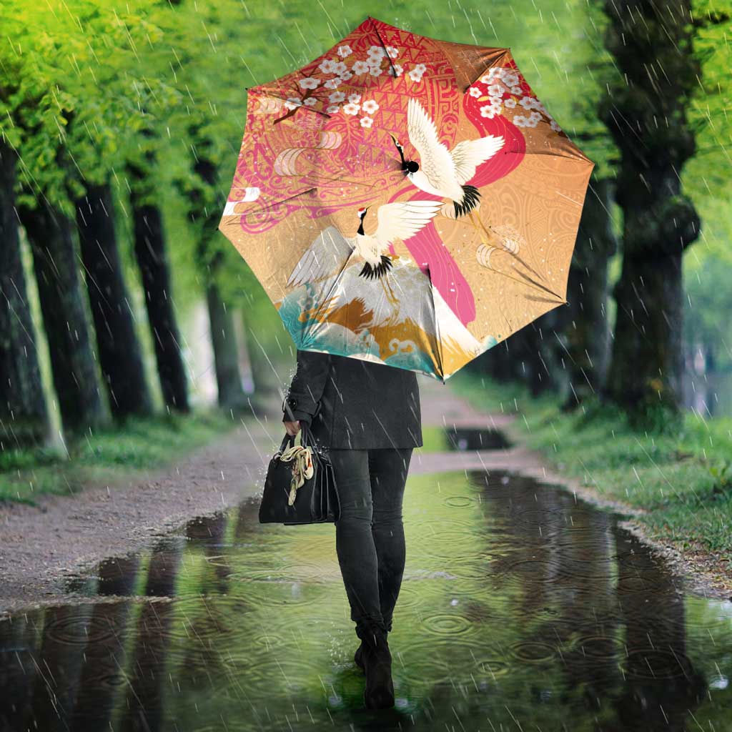 Hawaiian and Japanese Culture Together Umbrella Kakau Art Tattoo with Cranes and Sakura Spring Vibe LT03 - Polynesian Pride