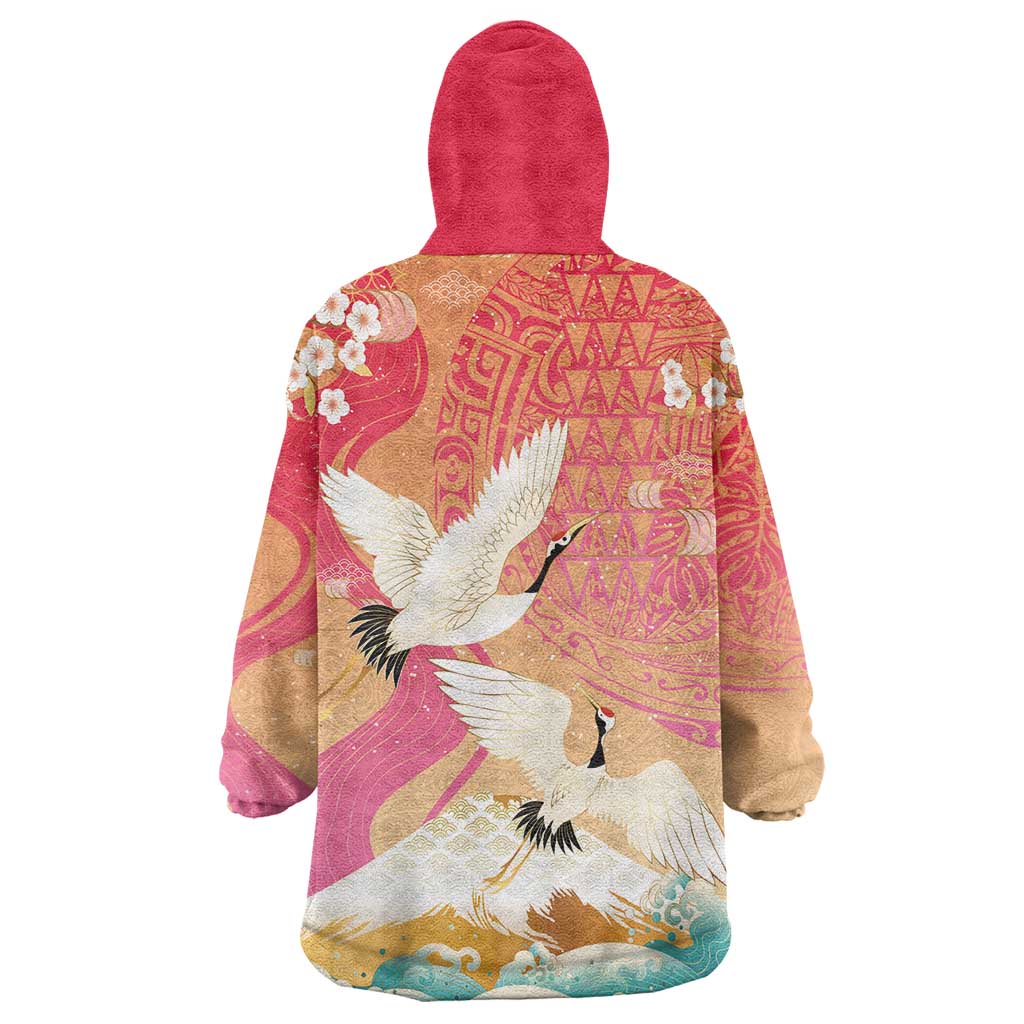 Hawaiian and Japanese Culture Together Wearable Blanket Hoodie Kakau Art Tattoo with Cranes and Sakura Spring Vibe - Polynesian Pride
