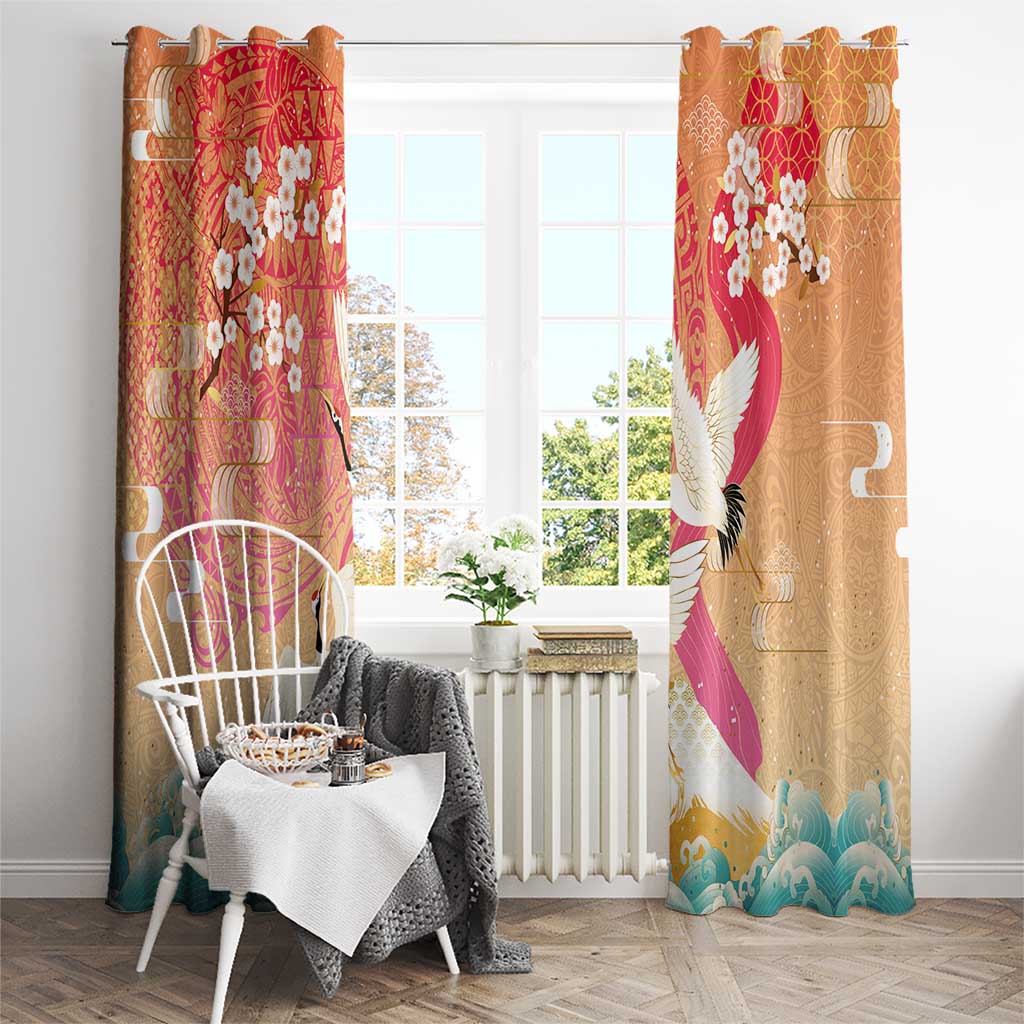 Hawaiian and Japanese Culture Together Window Curtain Kakau Art Tattoo with Cranes and Sakura Spring Vibe - Polynesian Pride