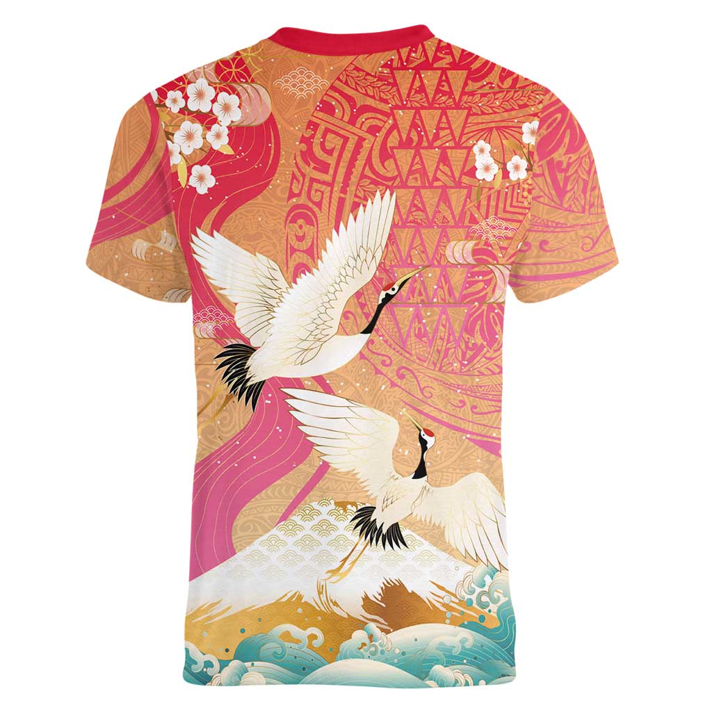 Hawaiian and Japanese Culture Together Women V-Neck T-Shirt Kakau Art Tattoo with Cranes and Sakura Spring Vibe - Polynesian Pride