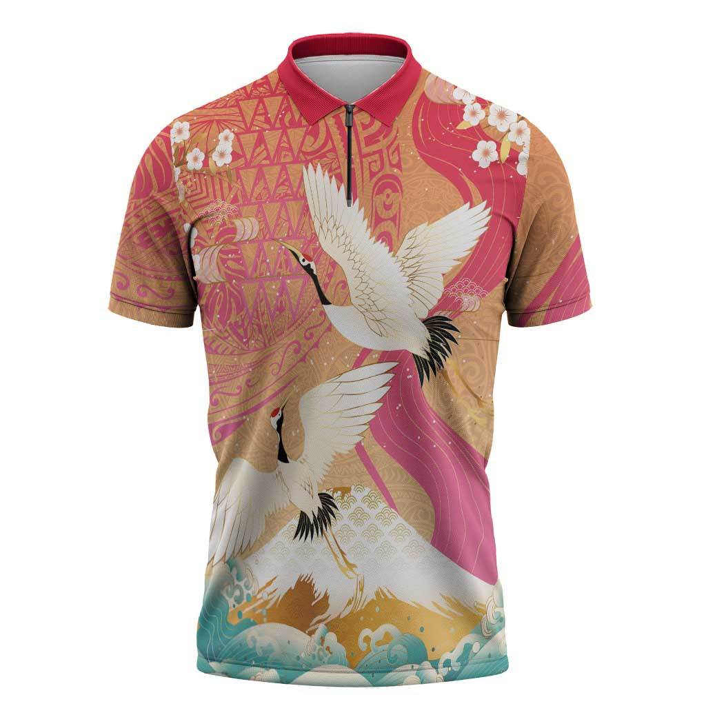 Hawaiian and Japanese Culture Together Zipper Polo Shirt Kakau Art Tattoo with Cranes and Sakura Spring Vibe - Polynesian Pride