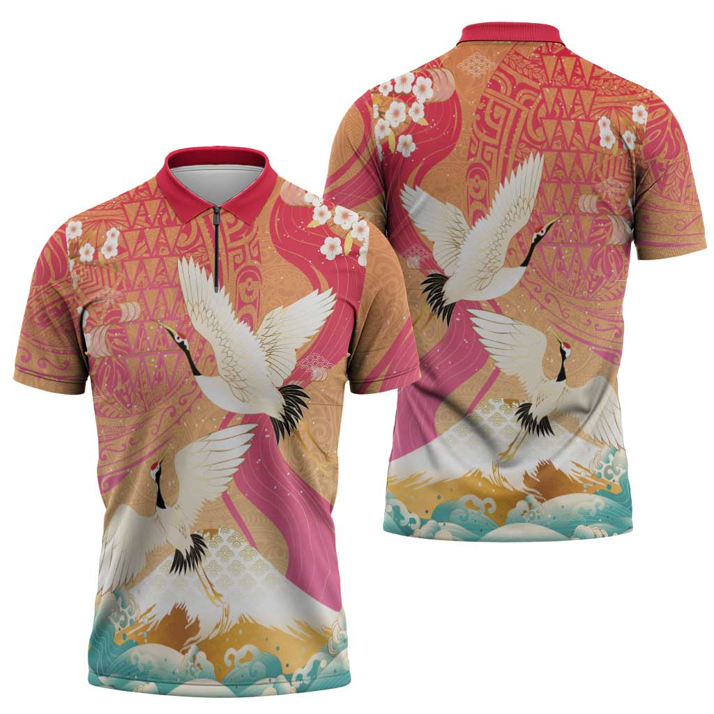 Hawaiian and Japanese Culture Together Zipper Polo Shirt Kakau Art Tattoo with Cranes and Sakura Spring Vibe - Polynesian Pride
