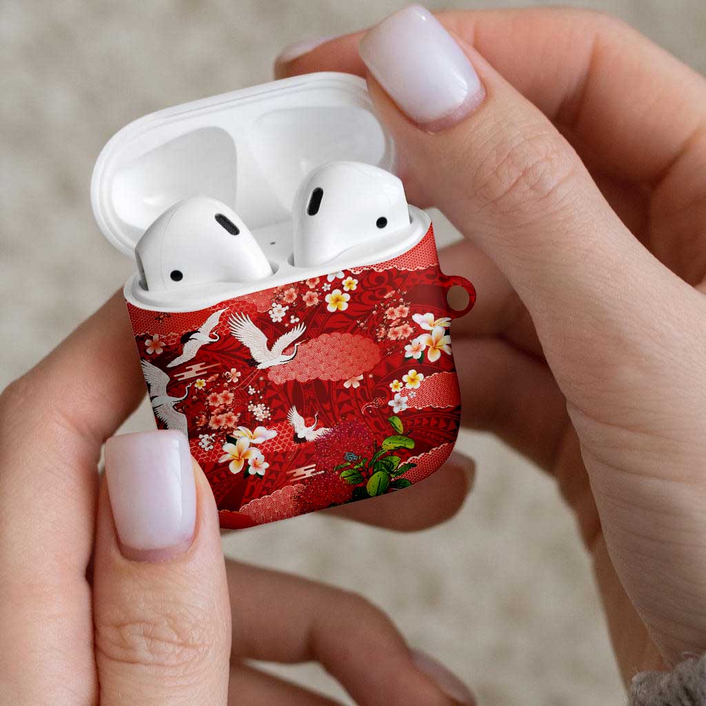 Hawaiian and Japanese Culture Together AirPods Case Red Ohia Lehua Plumeria and Sakura Blooming - Polynesian Pride