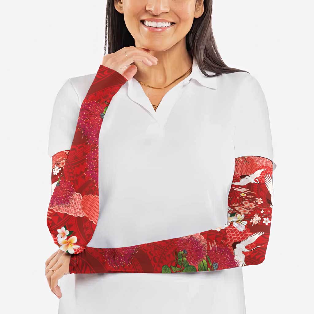 Hawaiian and Japanese Culture Together Arm Sleeves Red Ohia Lehua Plumeria and Sakura Blooming - Polynesian Pride