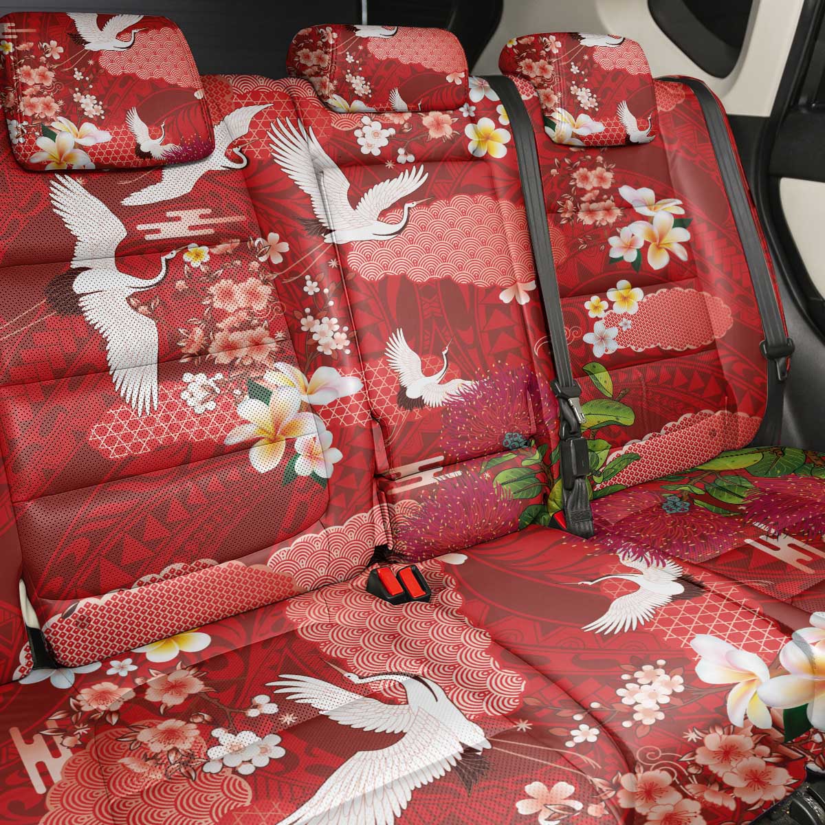 Hawaiian and Japanese Culture Together Back Car Seat Cover Red Ohia Lehua Plumeria and Sakura Blooming - Polynesian Pride