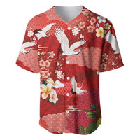 Hawaiian and Japanese Culture Together Baseball Jersey Red Ohia Lehua Plumeria and Sakura Blooming - Polynesian Pride