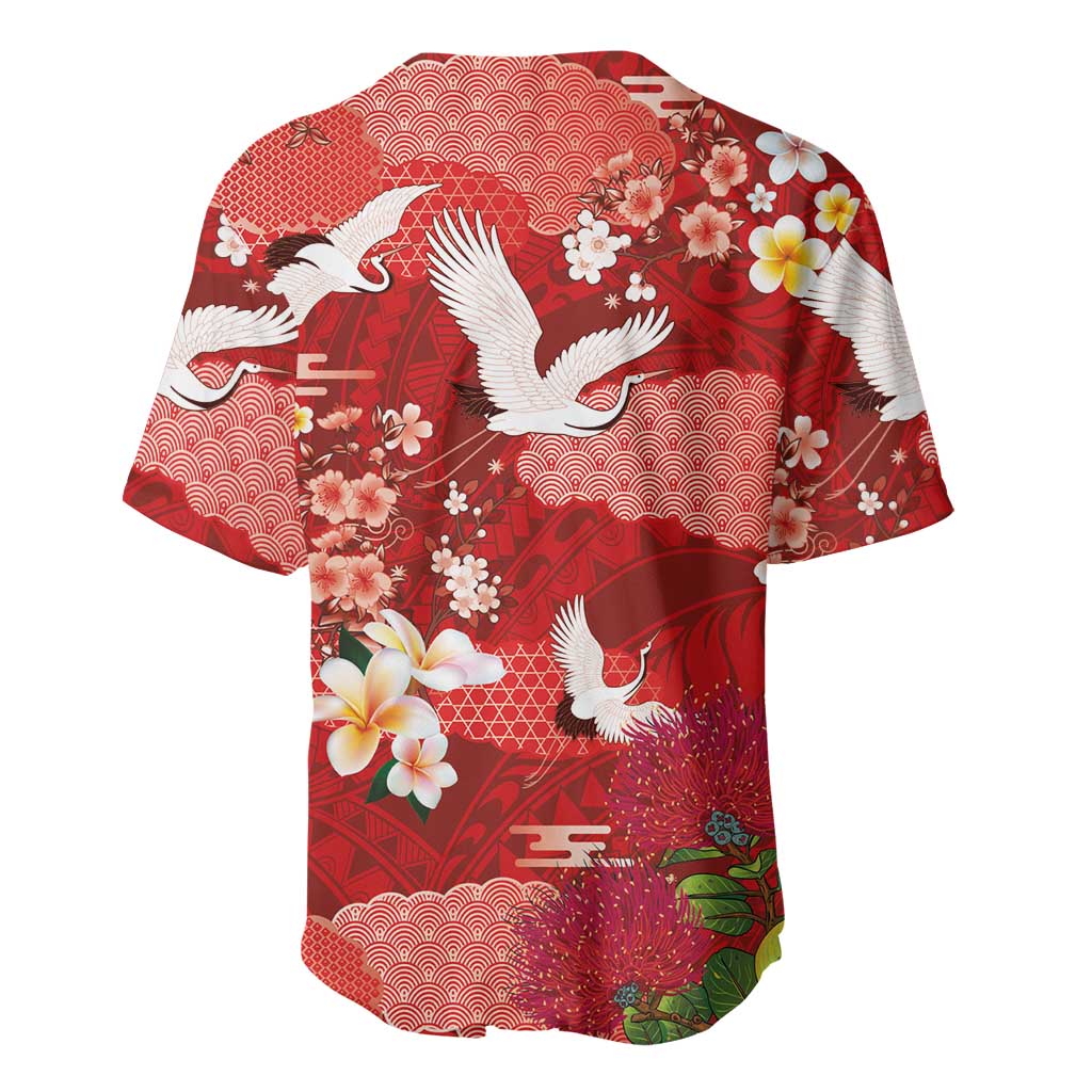 Hawaiian and Japanese Culture Together Baseball Jersey Red Ohia Lehua Plumeria and Sakura Blooming - Polynesian Pride