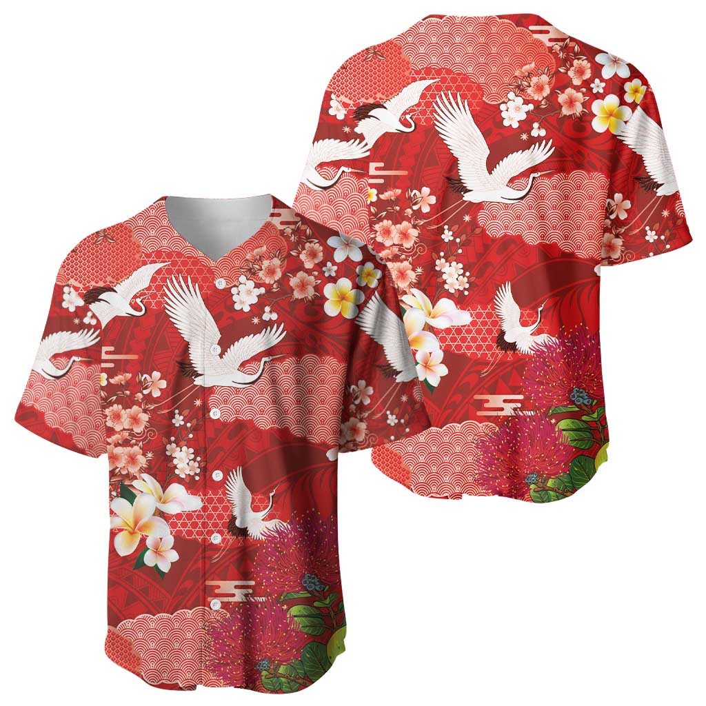 Hawaiian and Japanese Culture Together Baseball Jersey Red Ohia Lehua Plumeria and Sakura Blooming - Polynesian Pride