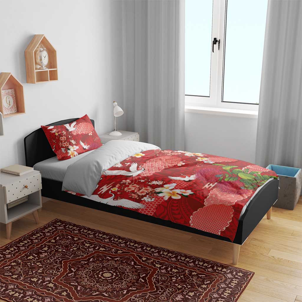 Hawaiian and Japanese Culture Together Bedding Set Red Ohia Lehua Plumeria and Sakura Blooming - Polynesian Pride