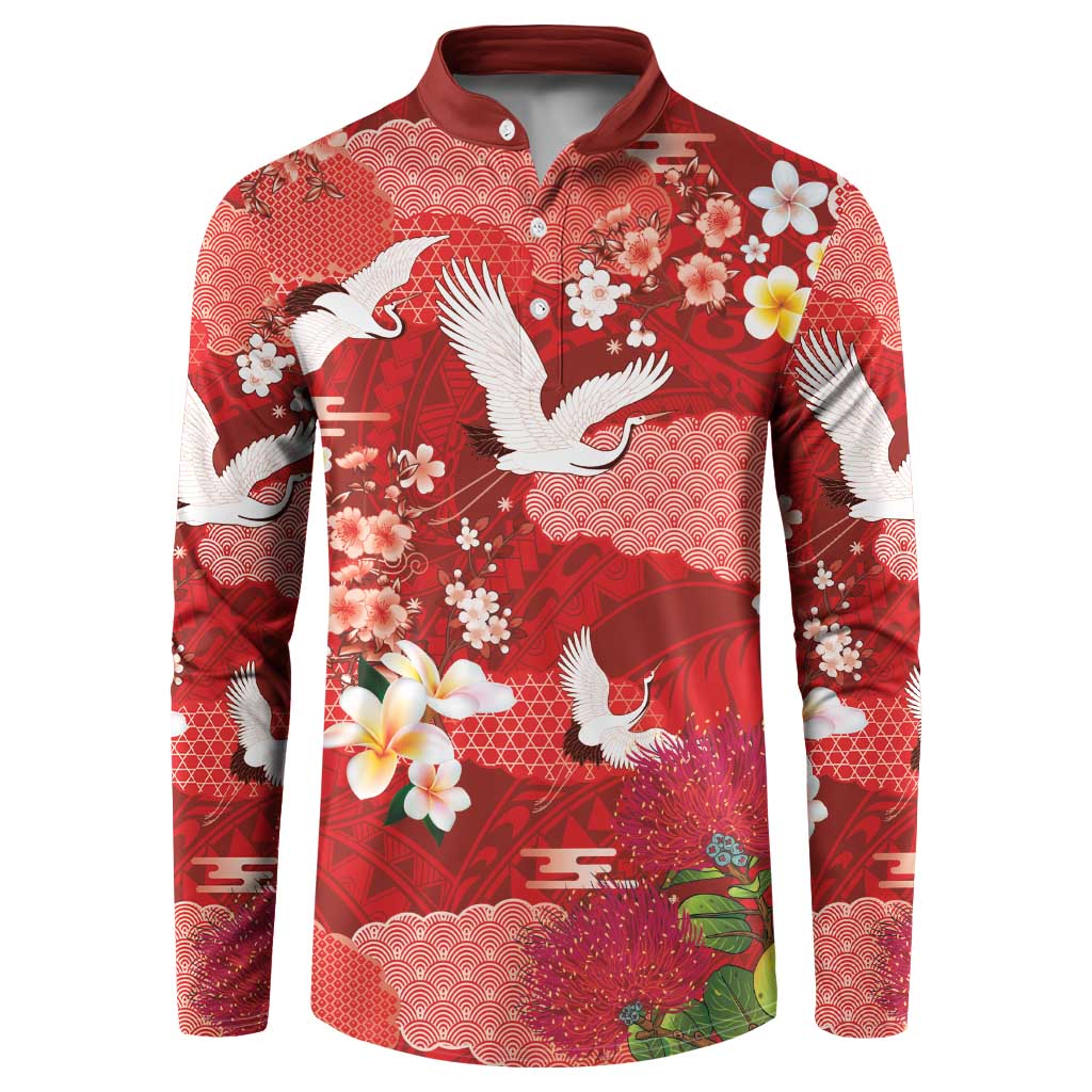 Hawaiian and Japanese Culture Together Button Sweatshirt Red Ohia Lehua Plumeria and Sakura Blooming LT03 Red - Polynesian Pride