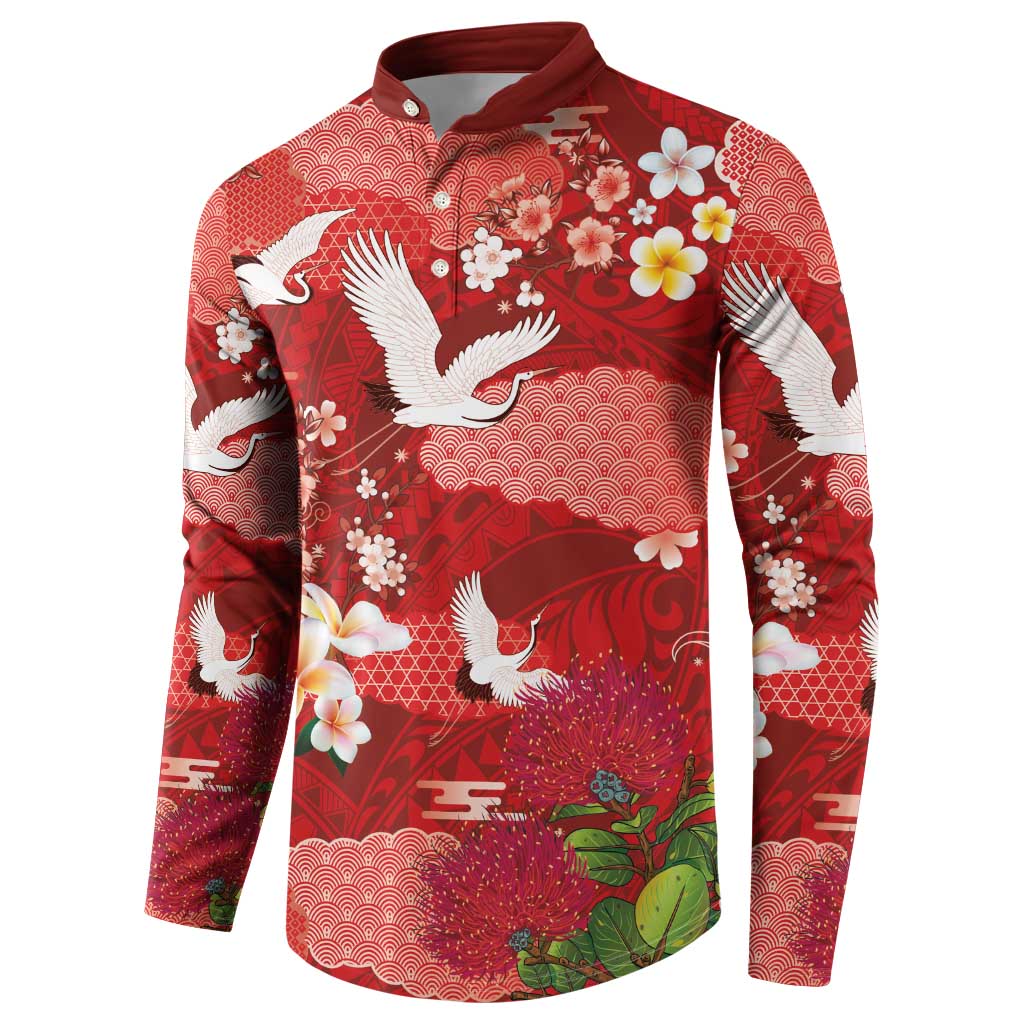 Hawaiian and Japanese Culture Together Button Sweatshirt Red Ohia Lehua Plumeria and Sakura Blooming LT03 - Polynesian Pride