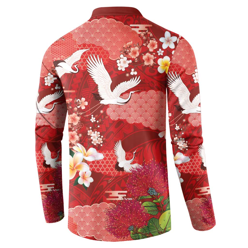 Hawaiian and Japanese Culture Together Button Sweatshirt Red Ohia Lehua Plumeria and Sakura Blooming LT03 - Polynesian Pride