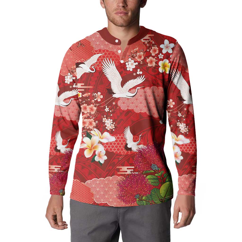 Hawaiian and Japanese Culture Together Button Sweatshirt Red Ohia Lehua Plumeria and Sakura Blooming LT03 - Polynesian Pride