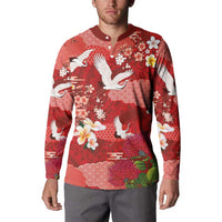 Hawaiian and Japanese Culture Together Button Sweatshirt Red Ohia Lehua Plumeria and Sakura Blooming LT03 - Polynesian Pride
