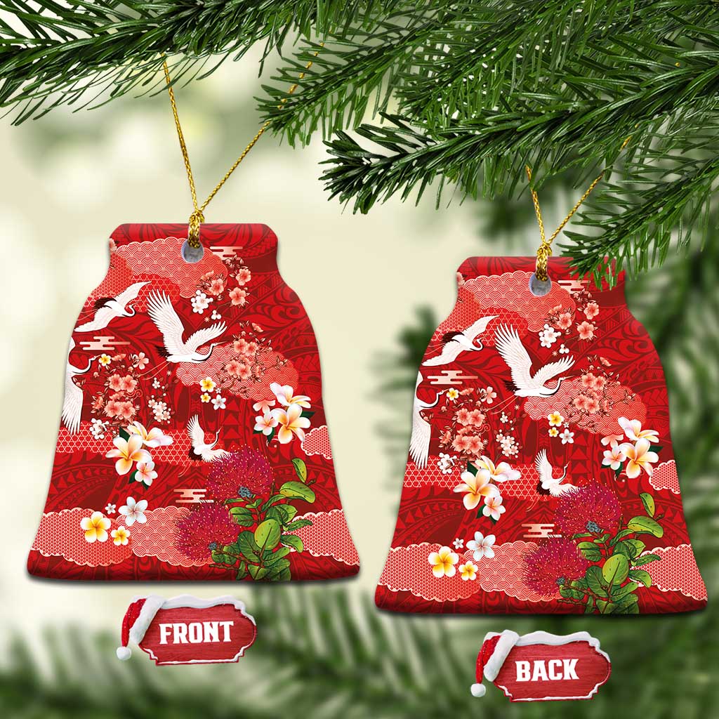 Hawaiian and Japanese Culture Together Ceramic Ornament Red Ohia Lehua Plumeria and Sakura Blooming - Polynesian Pride