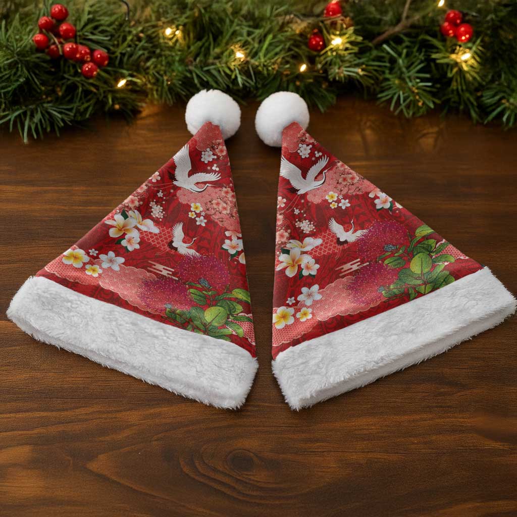 Hawaiian and Japanese Culture Together Christmas Santa Hat Red Ohia Lehua Plumeria and Sakura Blooming - Polynesian Pride