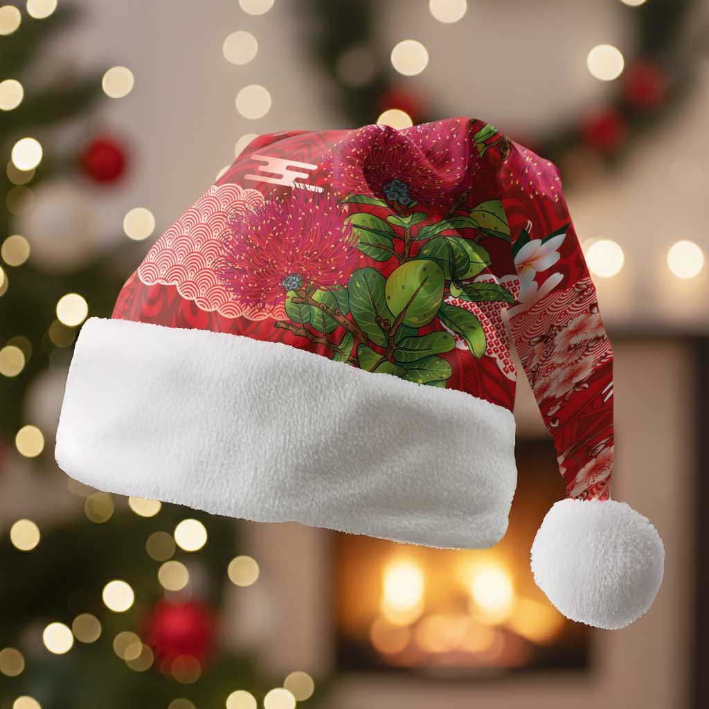 Hawaiian and Japanese Culture Together Christmas Santa Hat Red Ohia Lehua Plumeria and Sakura Blooming - Polynesian Pride
