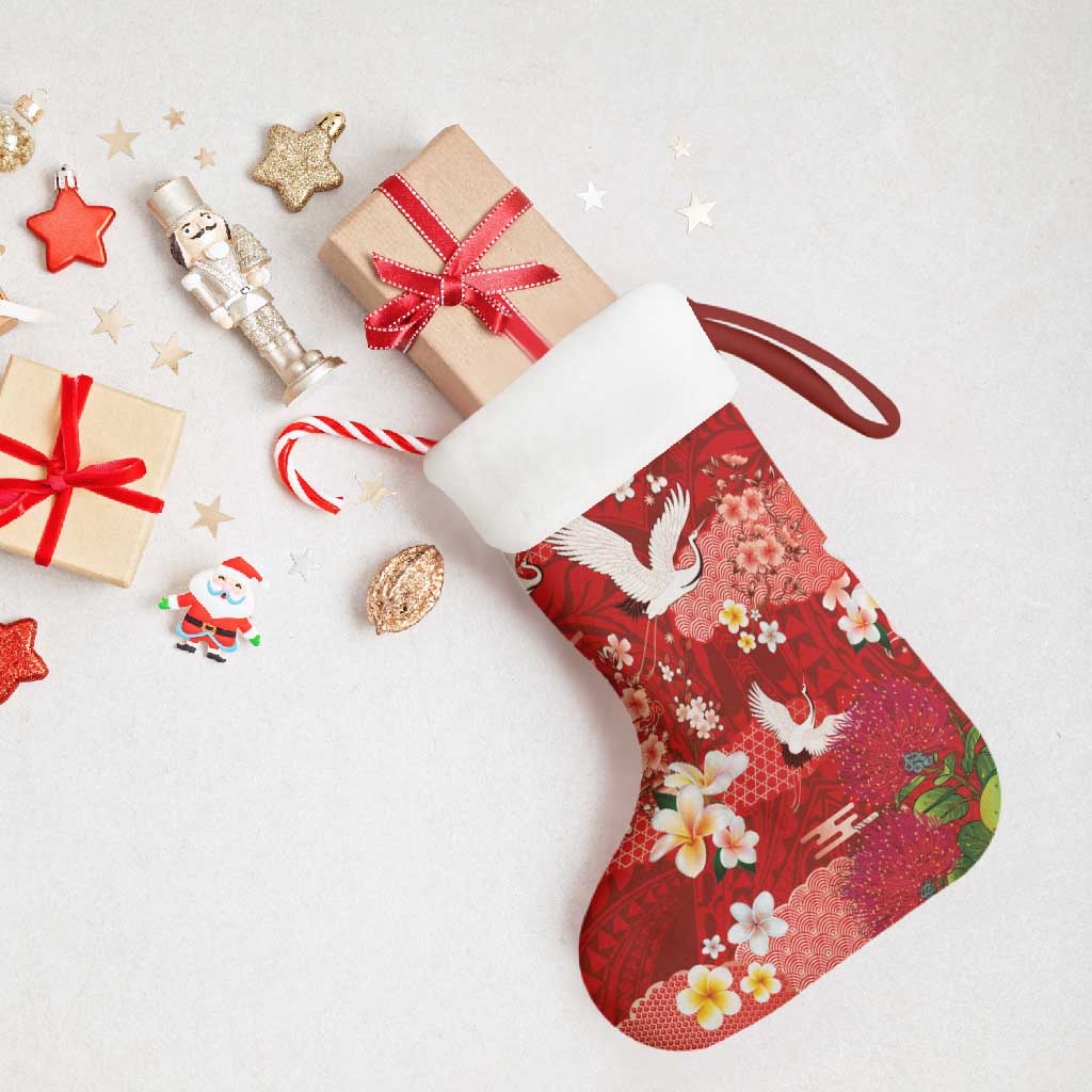 Hawaiian and Japanese Culture Together Christmas Stocking Red Ohia Lehua Plumeria and Sakura Blooming - Polynesian Pride