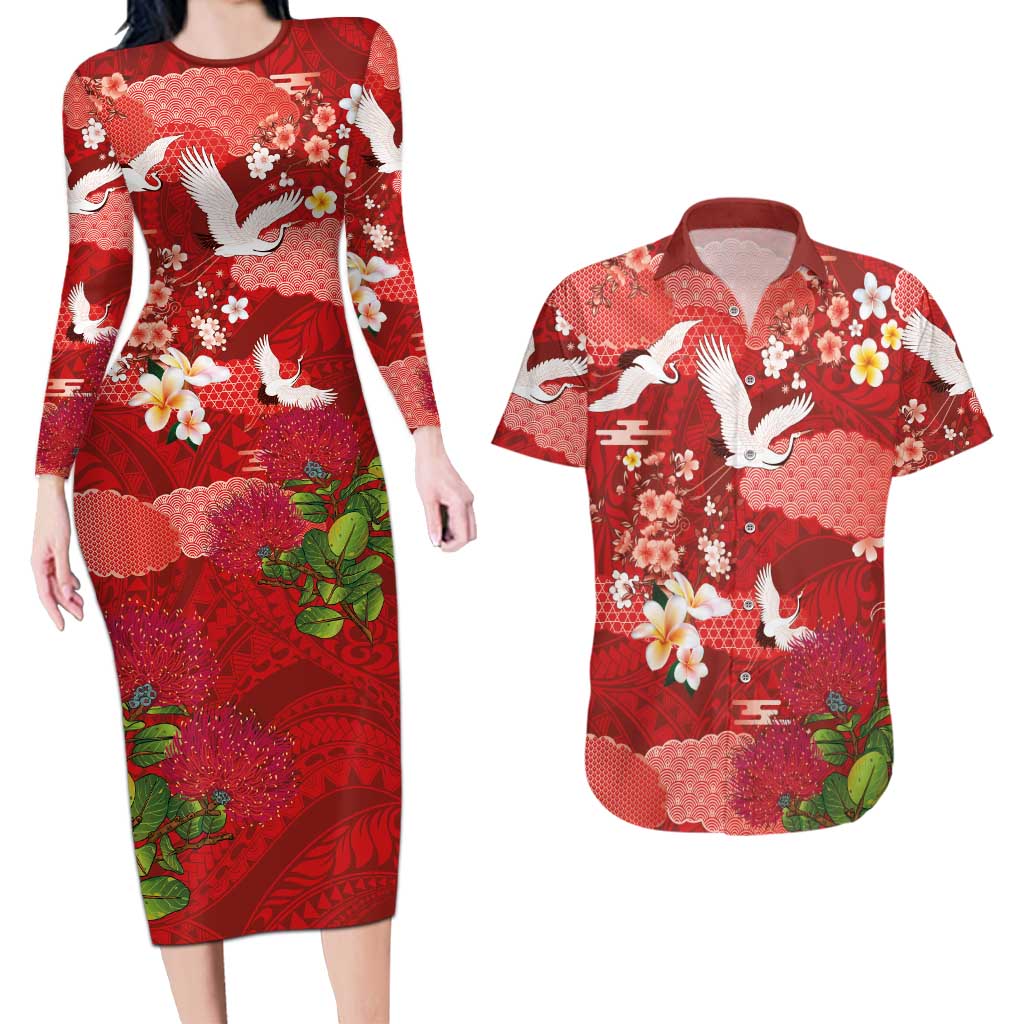 Hawaiian and Japanese Culture Together Couples Matching Long Sleeve Bodycon Dress and Hawaiian Shirt Red Ohia Lehua Plumeria and Sakura Blooming - Polynesian Pride