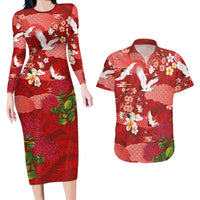 Hawaiian and Japanese Culture Together Couples Matching Long Sleeve Bodycon Dress and Hawaiian Shirt Red Ohia Lehua Plumeria and Sakura Blooming - Polynesian Pride