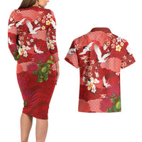 Hawaiian and Japanese Culture Together Couples Matching Long Sleeve Bodycon Dress and Hawaiian Shirt Red Ohia Lehua Plumeria and Sakura Blooming - Polynesian Pride