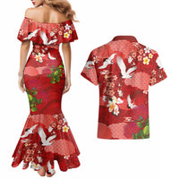 Hawaiian and Japanese Culture Together Couples Matching Mermaid Dress and Hawaiian Shirt Red Ohia Lehua Plumeria and Sakura Blooming - Polynesian Pride