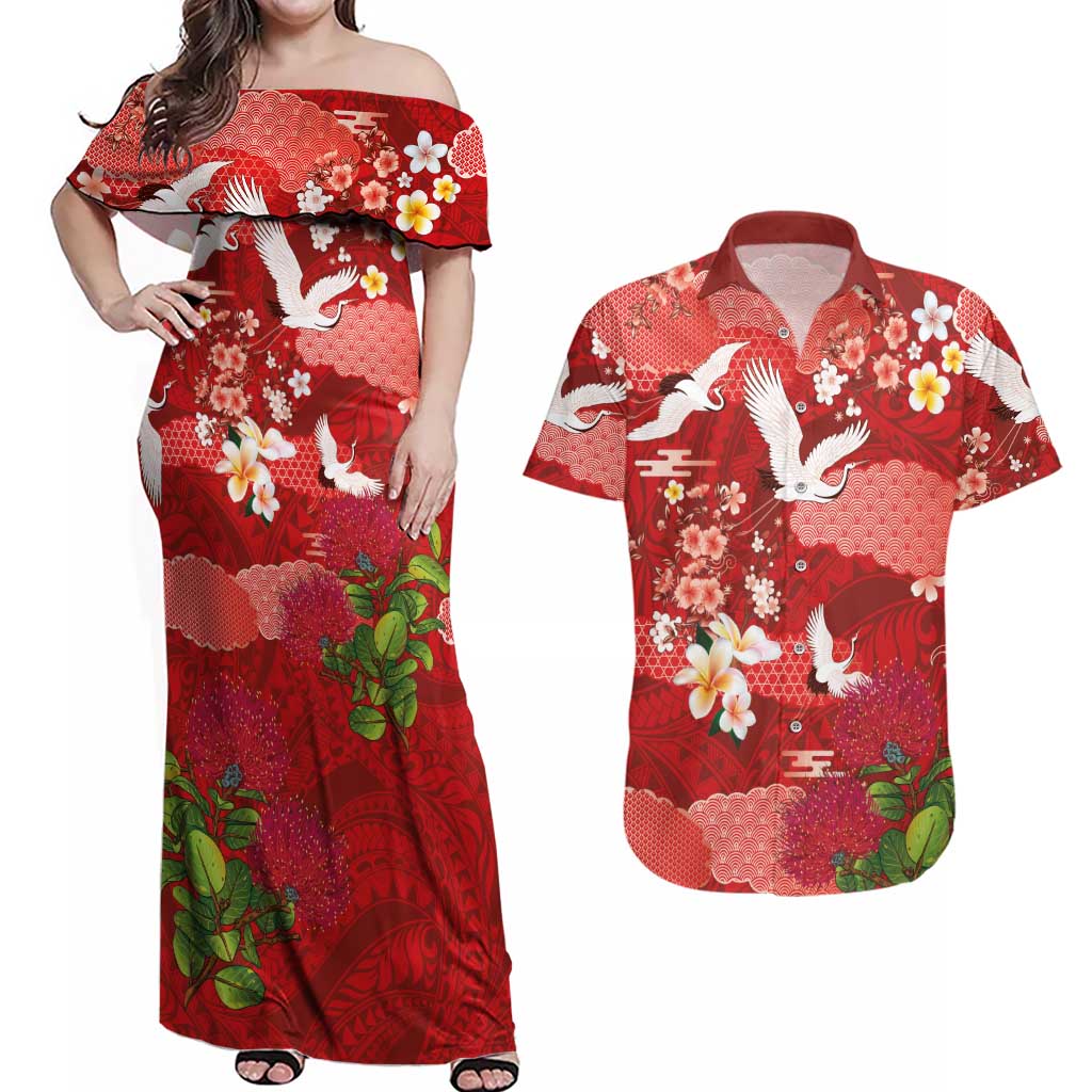 Hawaiian and Japanese Culture Together Couples Matching Off Shoulder Maxi Dress and Hawaiian Shirt Red Ohia Lehua Plumeria and Sakura Blooming - Polynesian Pride