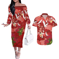 Hawaiian and Japanese Culture Together Couples Matching Off The Shoulder Long Sleeve Dress and Hawaiian Shirt Red Ohia Lehua Plumeria and Sakura Blooming - Polynesian Pride