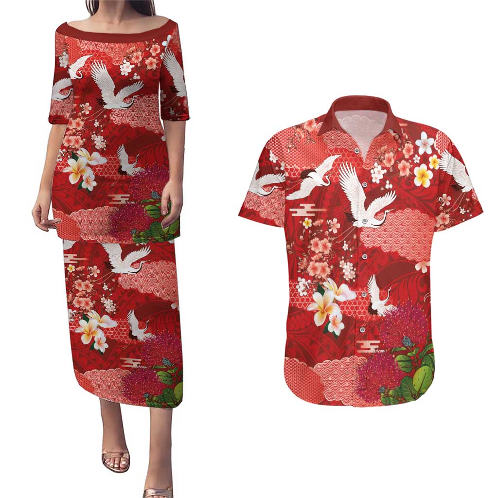 Hawaiian and Japanese Culture Together Couples Matching Puletasi and Hawaiian Shirt Red Ohia Lehua Plumeria and Sakura Blooming - Polynesian Pride