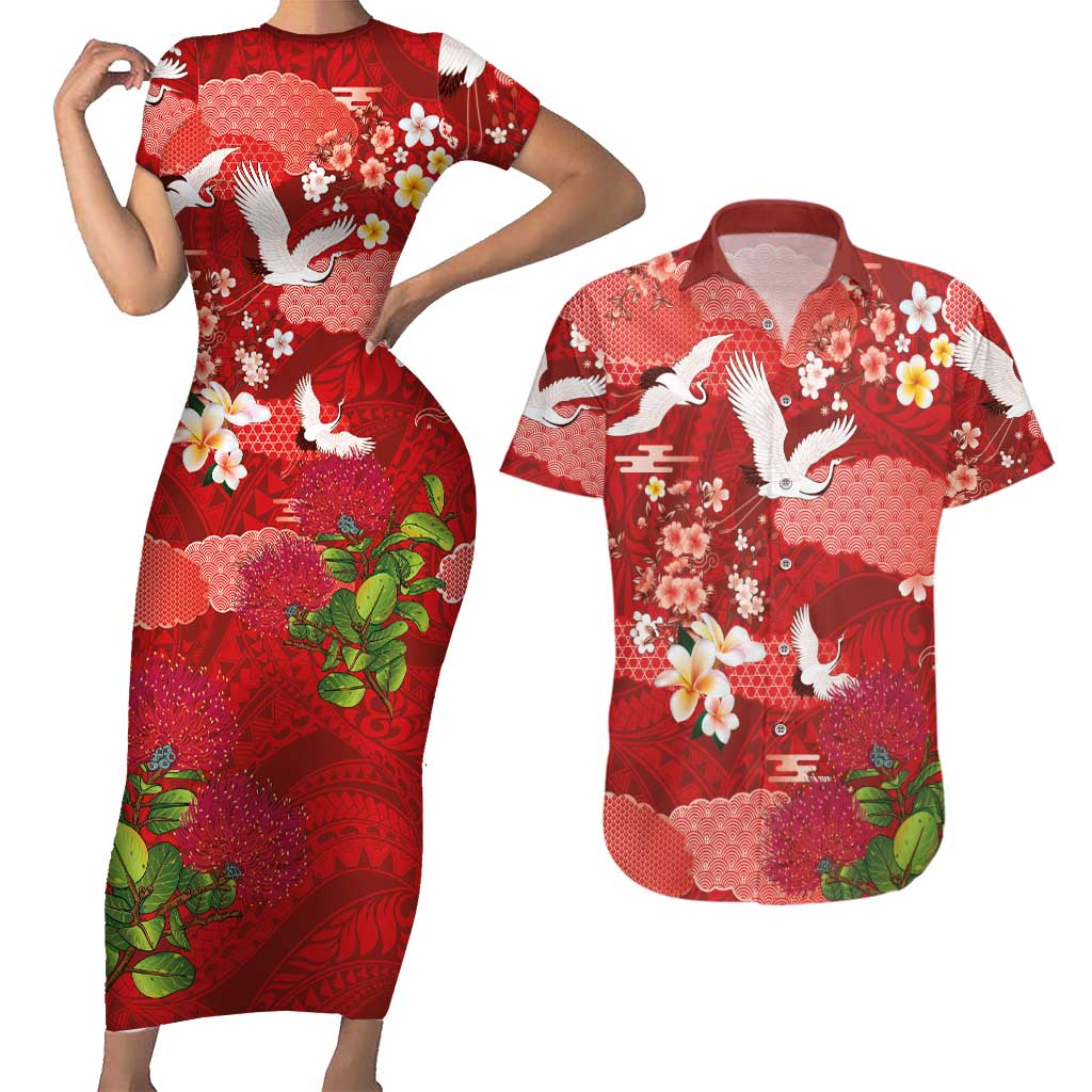 Hawaiian and Japanese Culture Together Couples Matching Short Sleeve Bodycon Dress and Hawaiian Shirt Red Ohia Lehua Plumeria and Sakura Blooming - Polynesian Pride