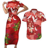 Hawaiian and Japanese Culture Together Couples Matching Short Sleeve Bodycon Dress and Hawaiian Shirt Red Ohia Lehua Plumeria and Sakura Blooming - Polynesian Pride