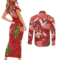 Hawaiian and Japanese Culture Together Couples Matching Short Sleeve Bodycon Dress and Long Sleeve Button Shirt Red Ohia Lehua Plumeria and Sakura Blooming - Polynesian Pride