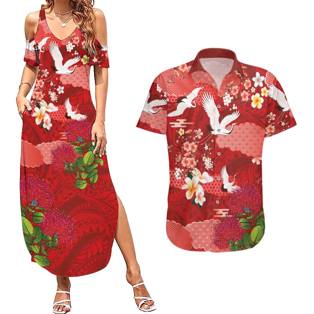 Hawaiian and Japanese Culture Together Couples Matching Summer Maxi Dress and Hawaiian Shirt Red Ohia Lehua Plumeria and Sakura Blooming - Polynesian Pride