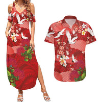 Hawaiian and Japanese Culture Together Couples Matching Summer Maxi Dress and Hawaiian Shirt Red Ohia Lehua Plumeria and Sakura Blooming - Polynesian Pride