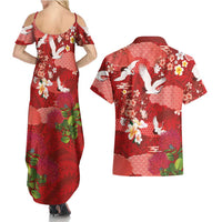 Hawaiian and Japanese Culture Together Couples Matching Summer Maxi Dress and Hawaiian Shirt Red Ohia Lehua Plumeria and Sakura Blooming - Polynesian Pride