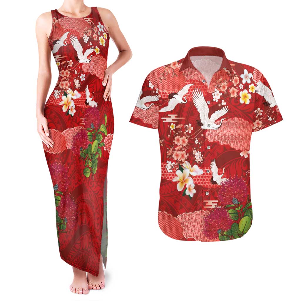 Hawaiian and Japanese Culture Together Couples Matching Tank Maxi Dress and Hawaiian Shirt Red Ohia Lehua Plumeria and Sakura Blooming LT03 Red - Polynesian Pride