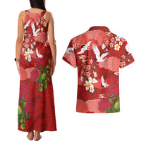 Hawaiian and Japanese Culture Together Couples Matching Tank Maxi Dress and Hawaiian Shirt Red Ohia Lehua Plumeria and Sakura Blooming LT03 - Polynesian Pride