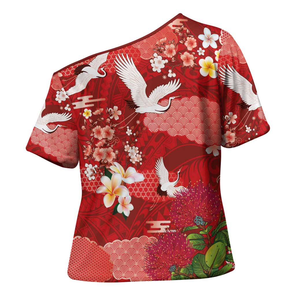 Hawaiian and Japanese Culture Together Cross Shoulder Shirt Red Ohia Lehua Plumeria and Sakura Blooming - Polynesian Pride