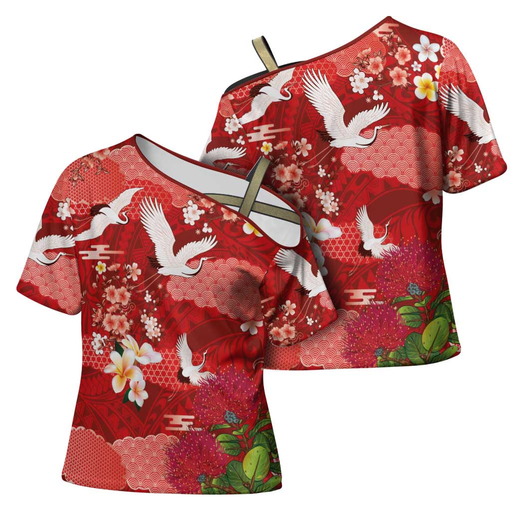 Hawaiian and Japanese Culture Together Cross Shoulder Shirt Red Ohia Lehua Plumeria and Sakura Blooming - Polynesian Pride
