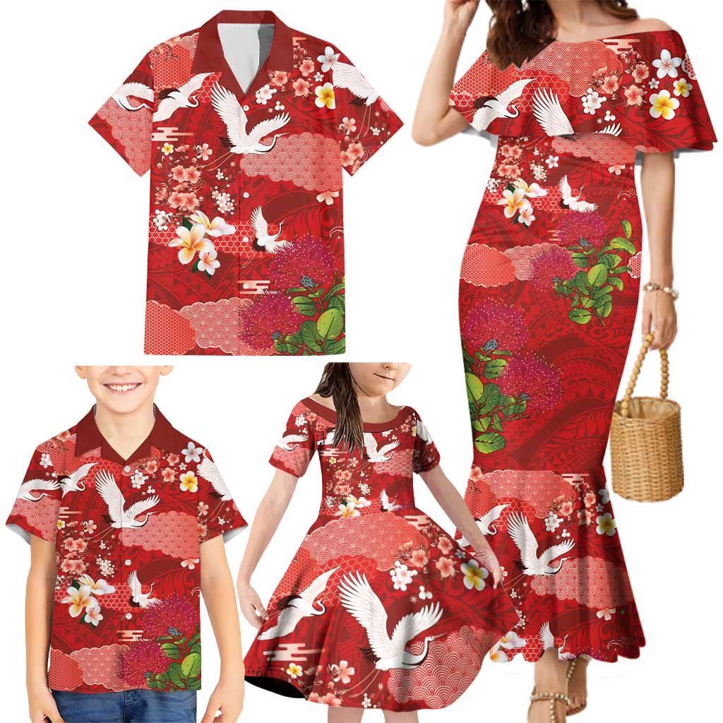 Hawaiian and Japanese Culture Together Family Matching Mermaid Dress and Hawaiian Shirt Red Ohia Lehua Plumeria and Sakura Blooming LT03 - Polynesian Pride