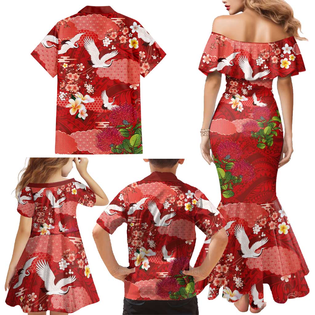 Hawaiian and Japanese Culture Together Family Matching Mermaid Dress and Hawaiian Shirt Red Ohia Lehua Plumeria and Sakura Blooming LT03 - Polynesian Pride